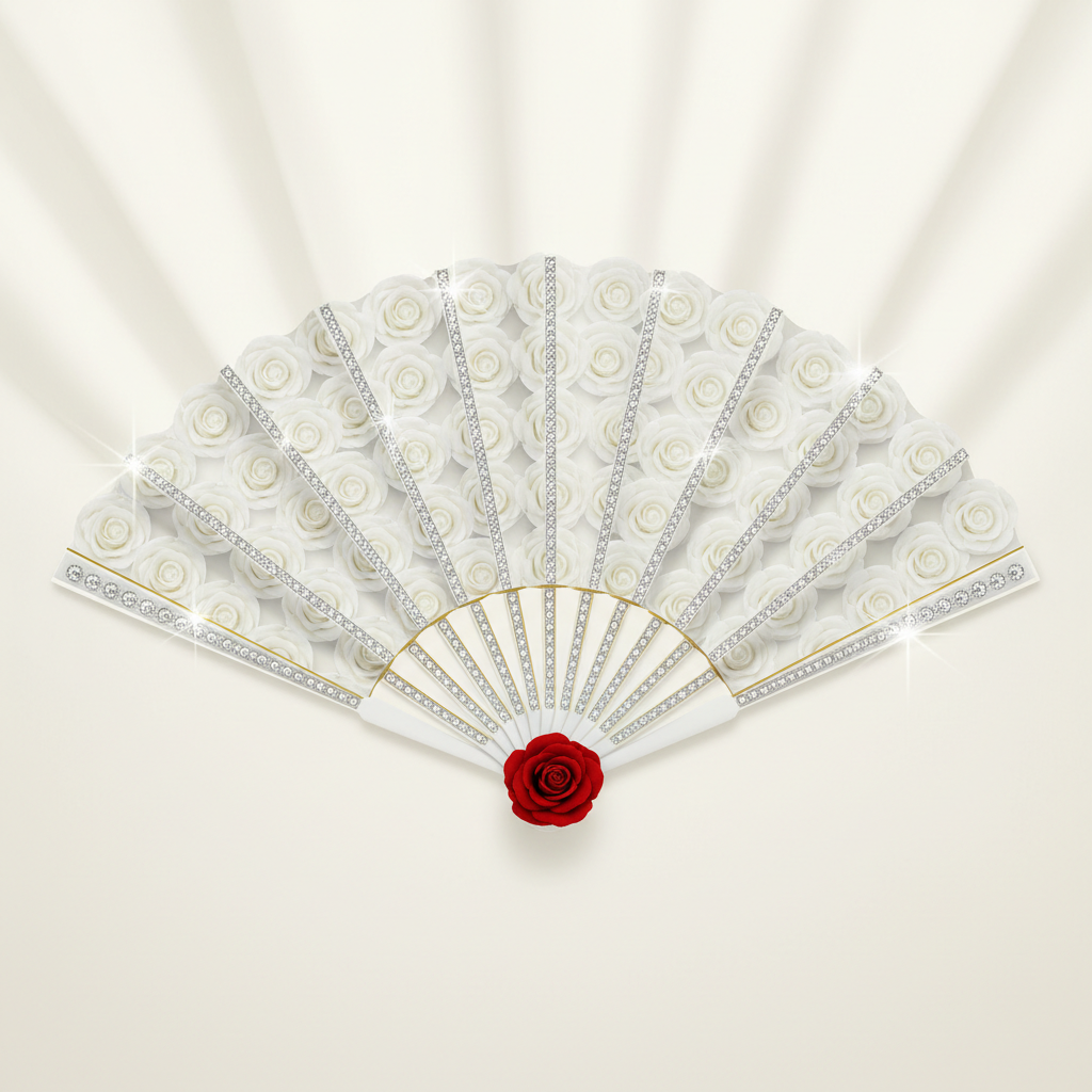 White Rose Rhinestone Pleated Fan Digital Design